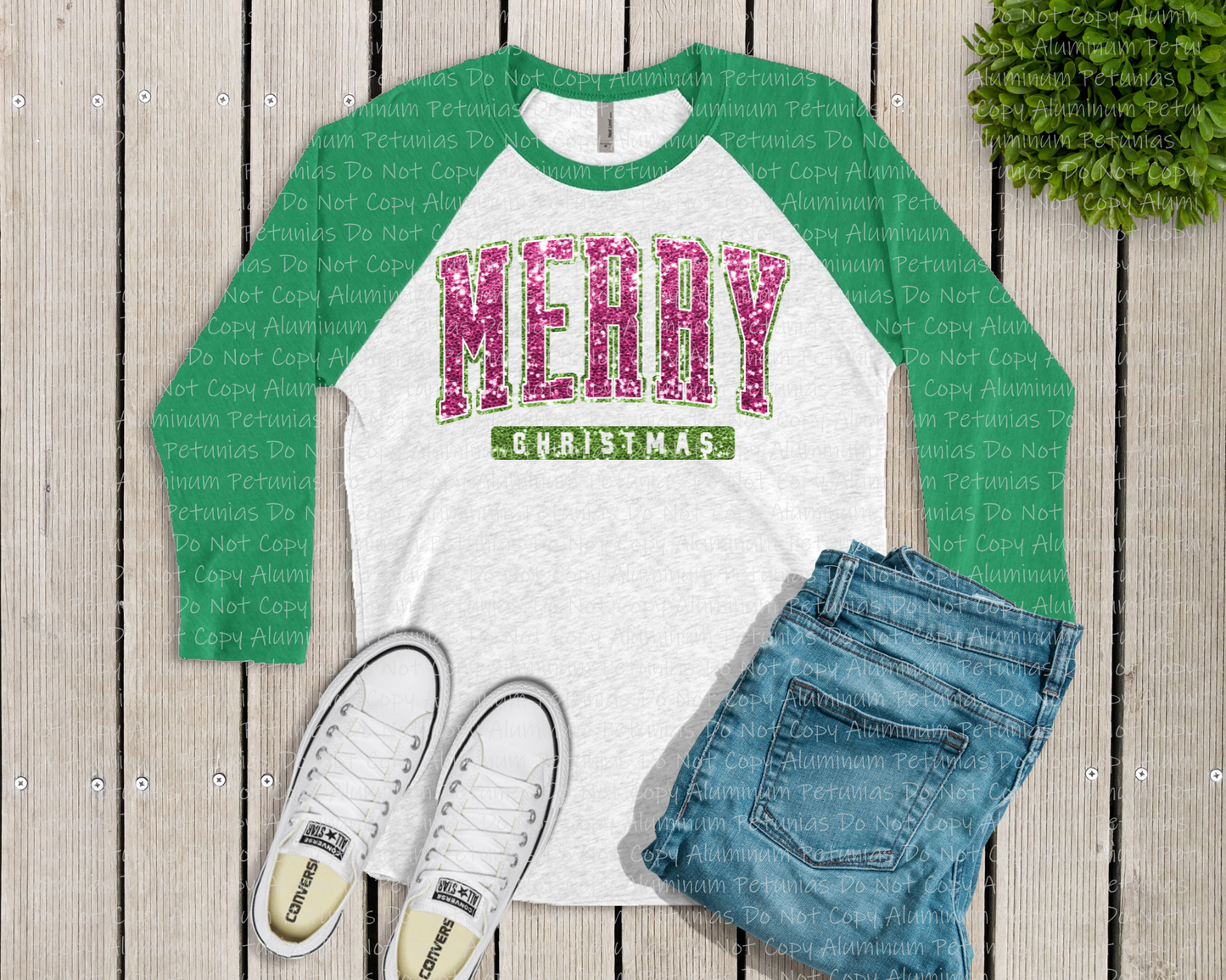 Merry Christmas Pink & Green Faux Sequin Graphic Tee