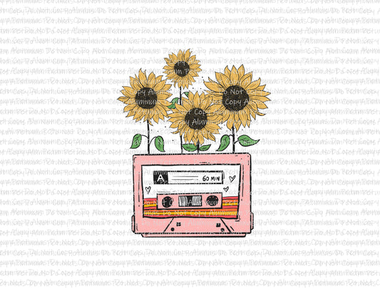 Sunflower Cassette DTF (Direct to Film) Transfers, Boho DTF Transfer Ready to Press, 1-3 Day Ship