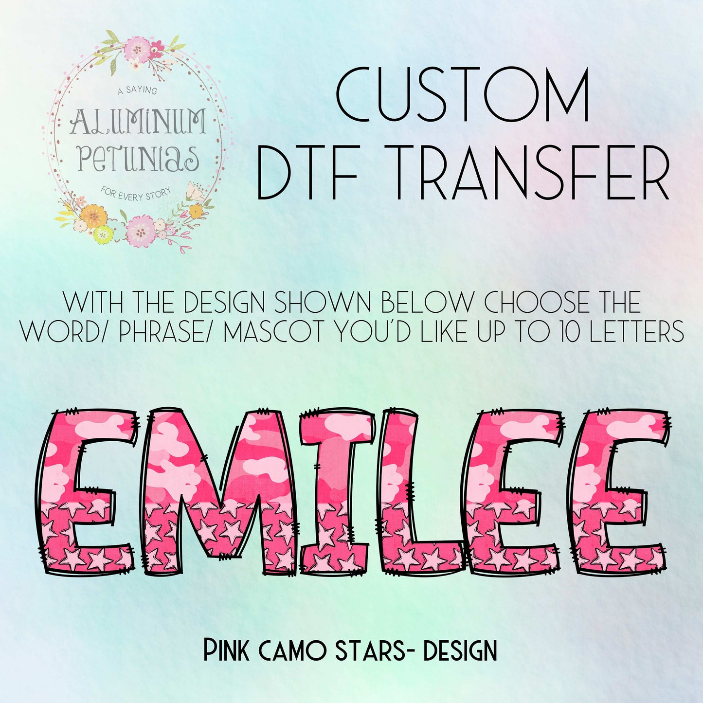 Custom Word DTF Transfer, Custom DTF, Ready to Press-Choose Your Word, We Print, You Press DTF-Uppercase Pink Camo Stars