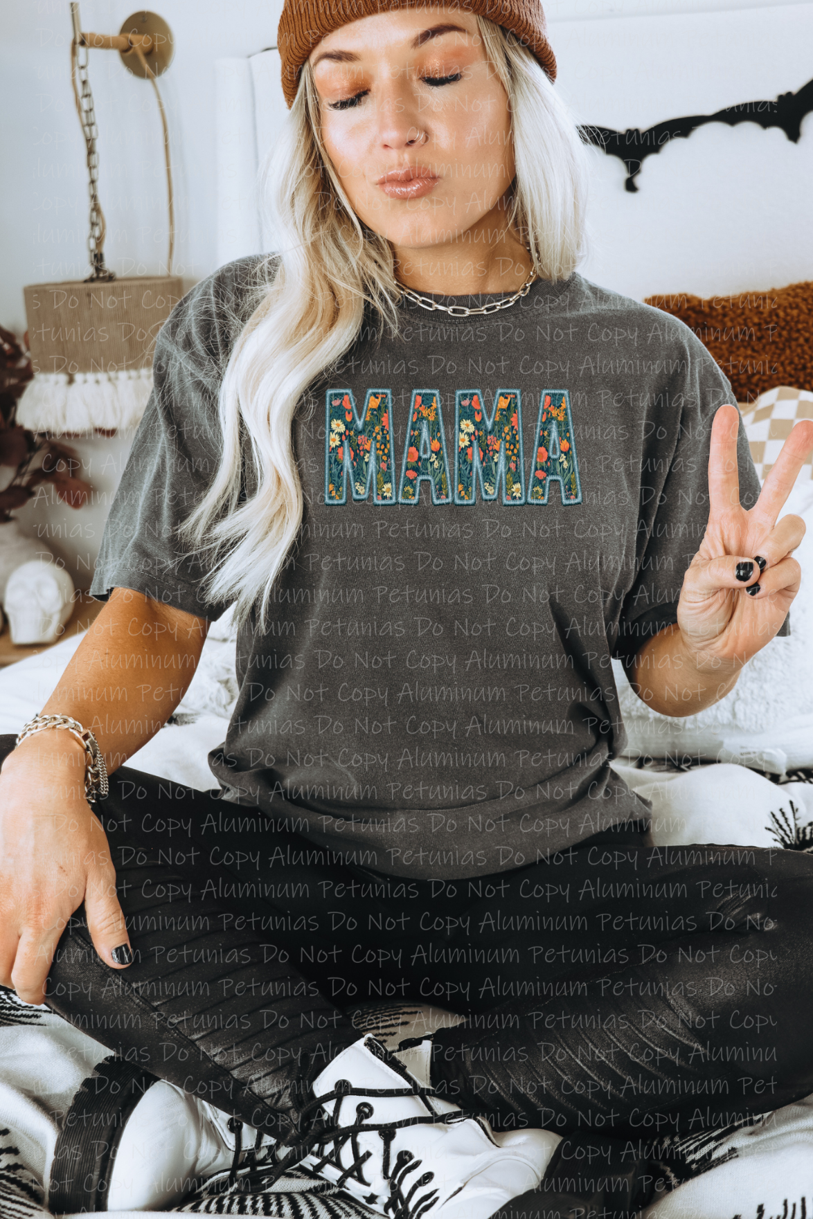 Mama Blue Floral Faux Embroidery Graphic Tee