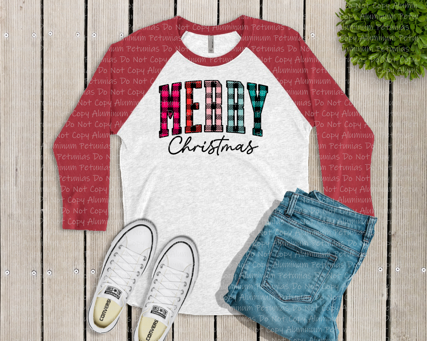 Merry Christmas Multi-Colored Plaid Graphic Tee