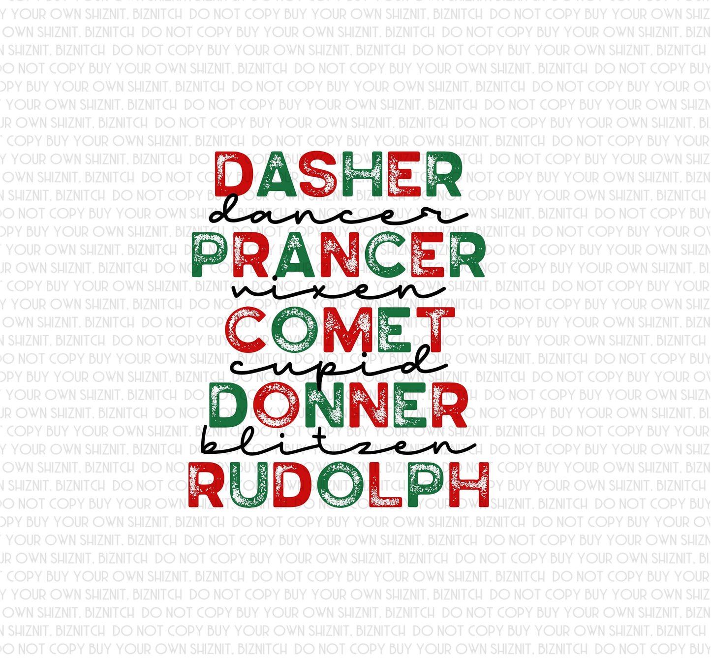 Reindeer Names DTF (Direct to Film) Transfers, Christmas DTF Transfer Ready to Press