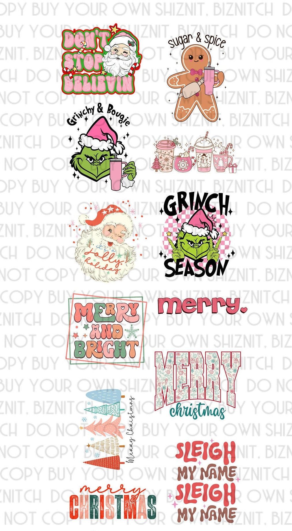 Pink Christmas Premade Sheets DTF (Direct to Film) Transfers, 13 DTF Transfers Ready to Press