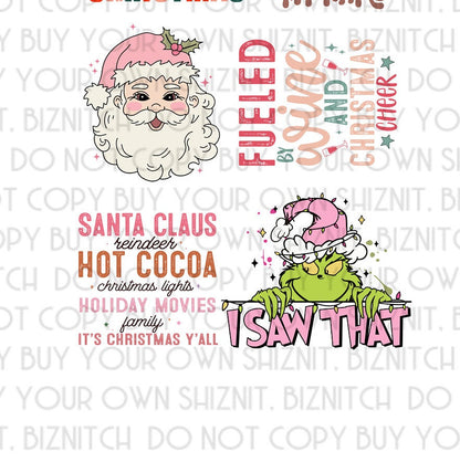 Pink Christmas Premade Sheets DTF (Direct to Film) Transfers, 13 DTF Transfers Ready to Press