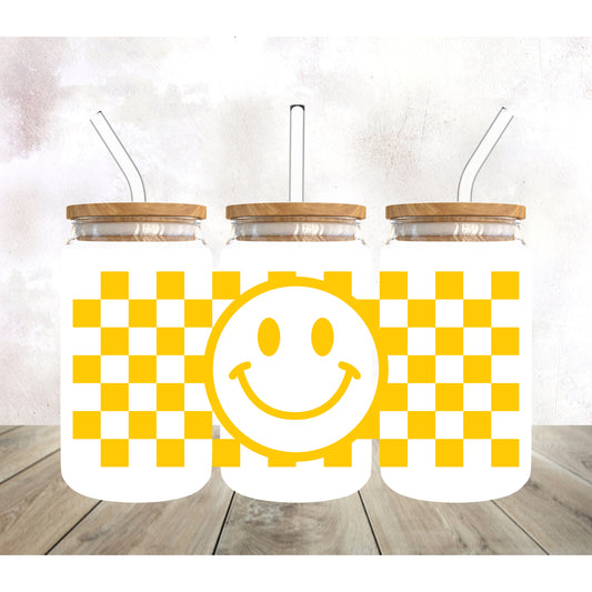 Yellow Checkered Smile UV DTF Cup Wrap-Theme, 16oz Libbey Glass, Libby Glass, Ready to Apply