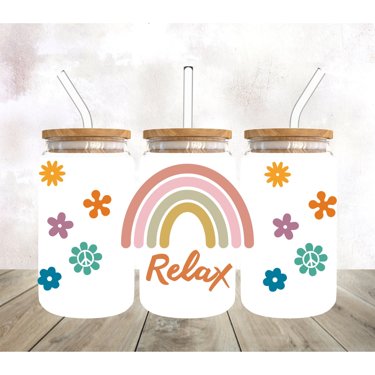 Relax Rainbow UV DTF Cup Wrap-Theme, 16oz Libbey Glass, Libby Glass, Ready to Apply