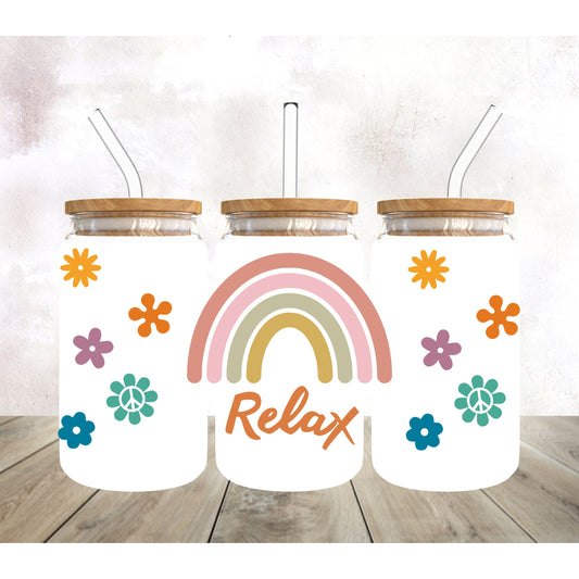 Relax Rainbow UV DTF Cup Wrap-Theme, 16oz Libbey Glass, Libby Glass, Ready to Apply