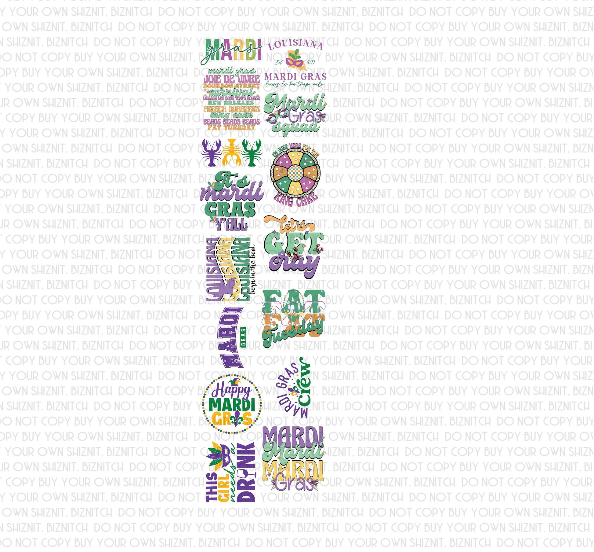 Mardi Gras Premade Gang Sheet DTF (Direct to Film) Transfers, 15 DTF Transfers Ready to Press