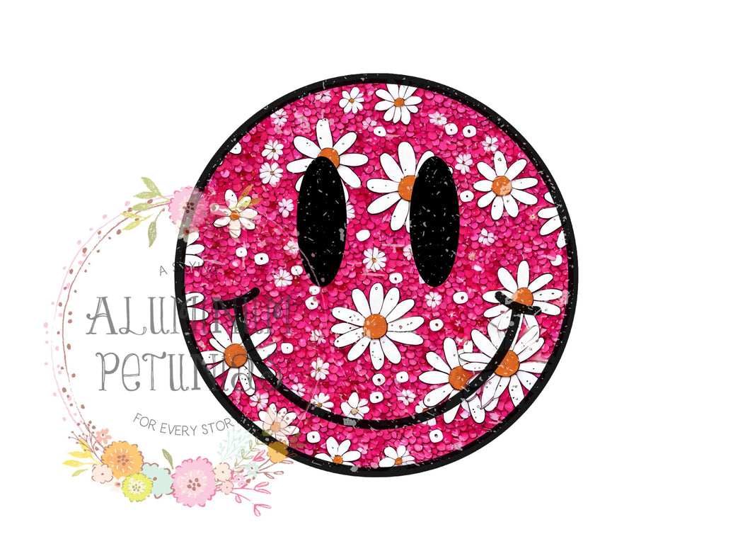 Hot Pink Daisy Smiley DTF (Direct to Film) Transfers, Smiley Face DTF Transfer Ready to Press, Floral Smiley, Approved Print Vendor