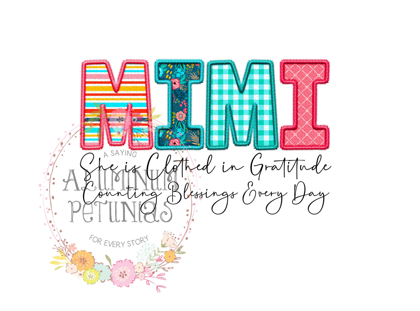 Embroidered Mimi DTF (Direct to Film) Transfers, Faux Embroidered Clothed in Gratitude