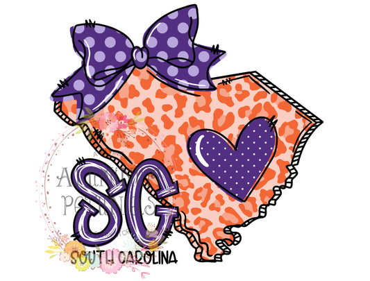 South Carolina Doodle Leopard State DTF (Direct to Film) Transfers, Doodle States DTF Transfer Ready to Press, Clemson Tigers