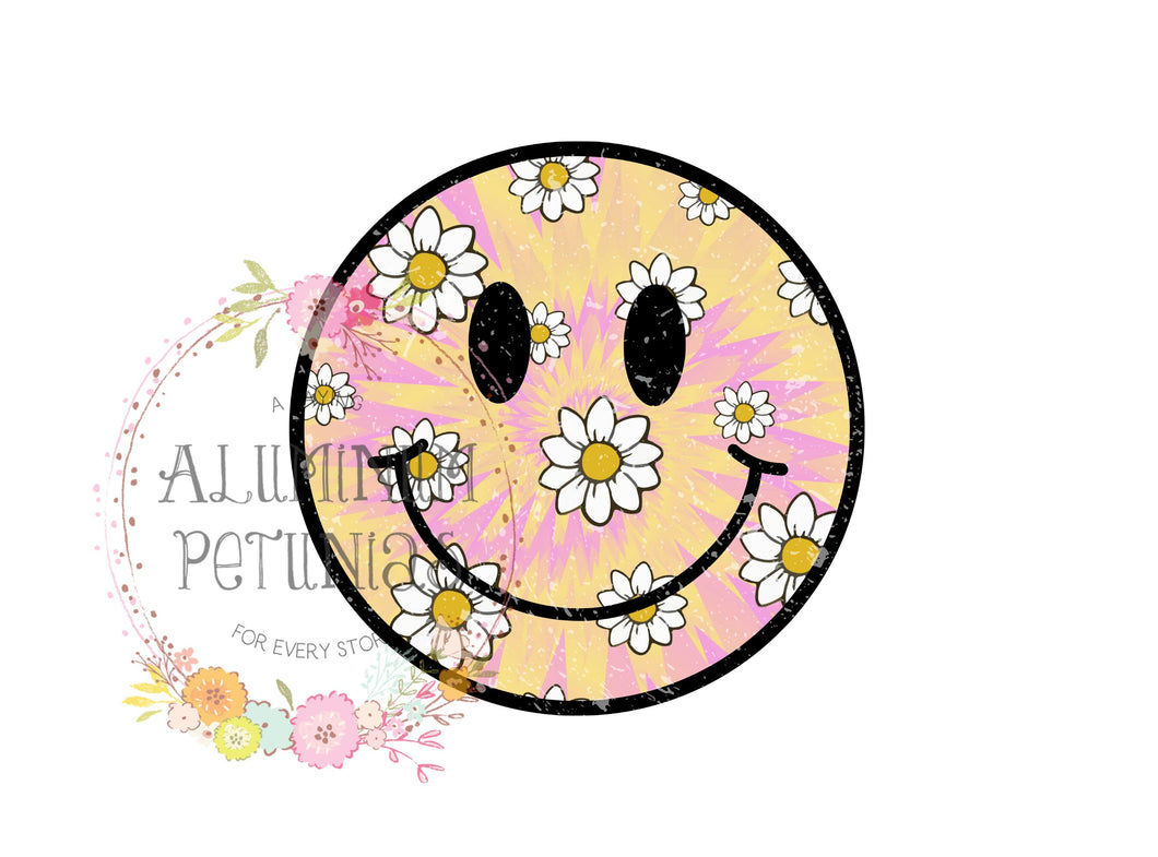 Tie Dye Daisy Smiley DTF (Direct to Film) Transfers, Smiley Face DTF Transfer Ready to Press, Floral Smiley, Approved Print Vendor