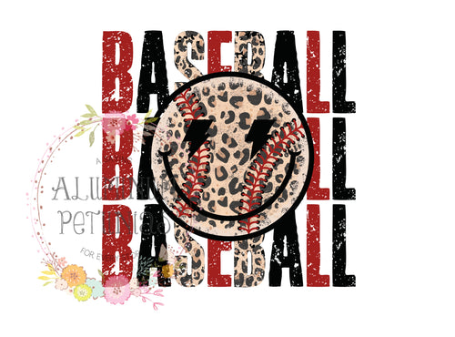 Leopard Baseball Stacked Smiley DTF (Direct to Film) Transfers, Smiley Face DTF Transfer Ready to Press, Sports Smiley, Approved Vendor